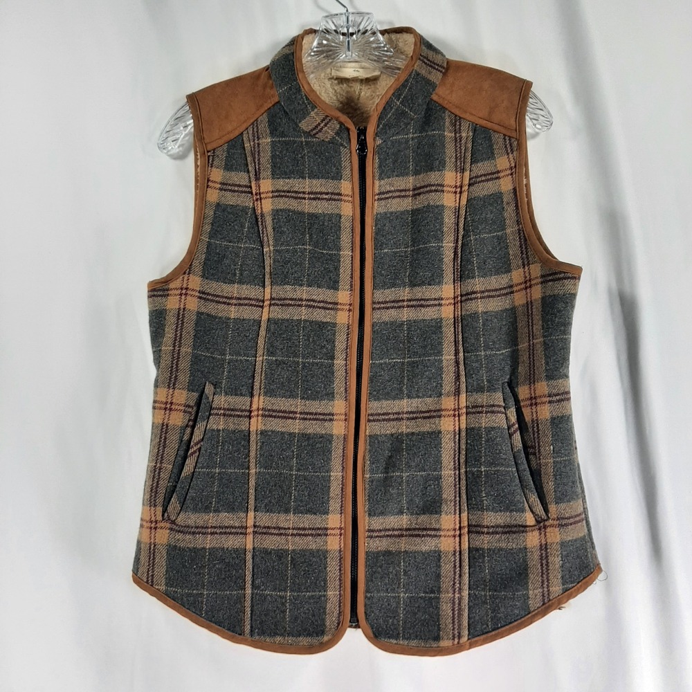 Entro Plaid Faux Shearling Lined Zip Up Vest Grey Tan Small J6026